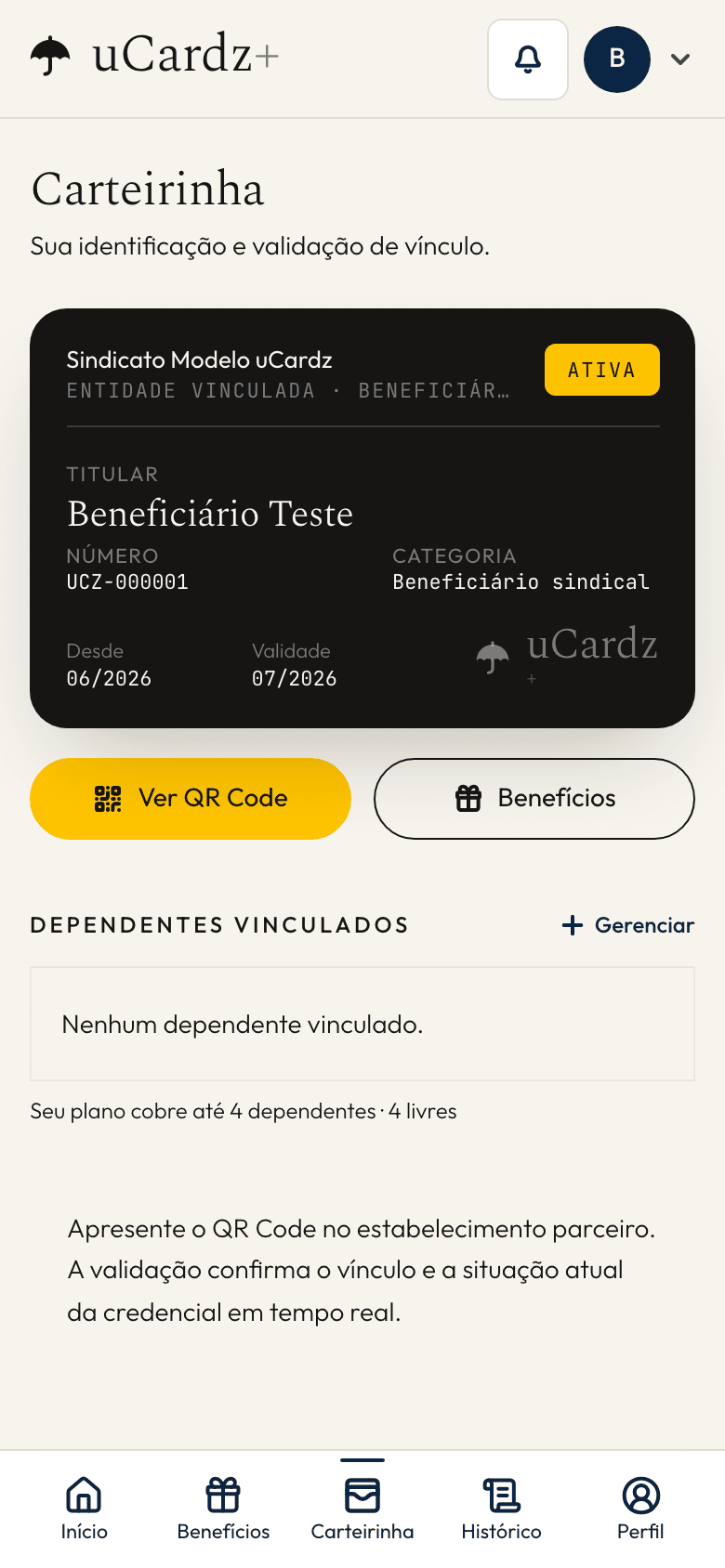 Tela real da carteirinha no Portal uCardz